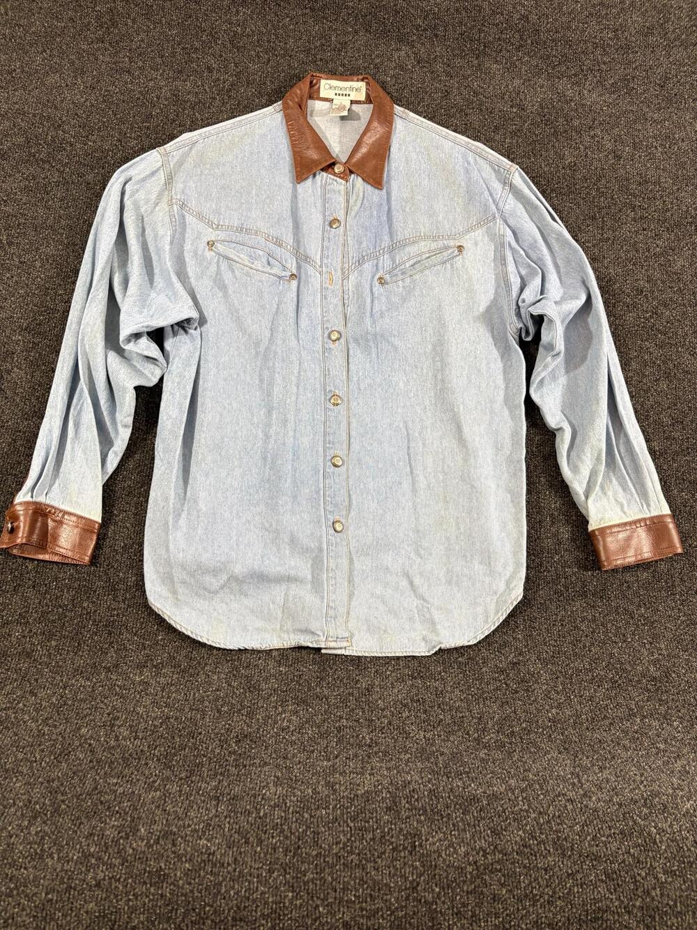 Vintage Clementine Shirt Mens L Blue Denim Long Sleeve Western Snap Leather Trim